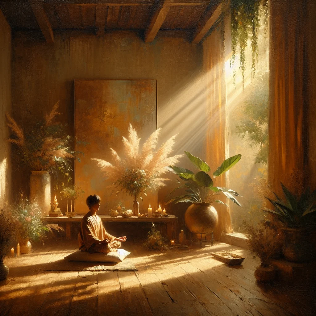 Person sitting in meditation posture during a mindfulness course session with calm environment