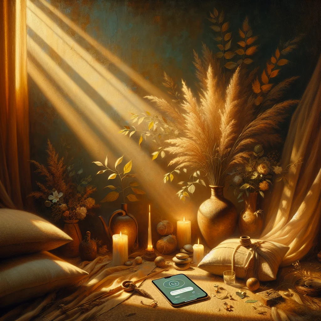 Serene mindfulness practice space with smartphone displaying mindfulness website content