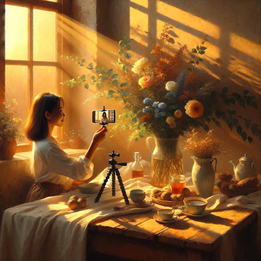 Person filming a slow living morning routine with natural light streaming through window