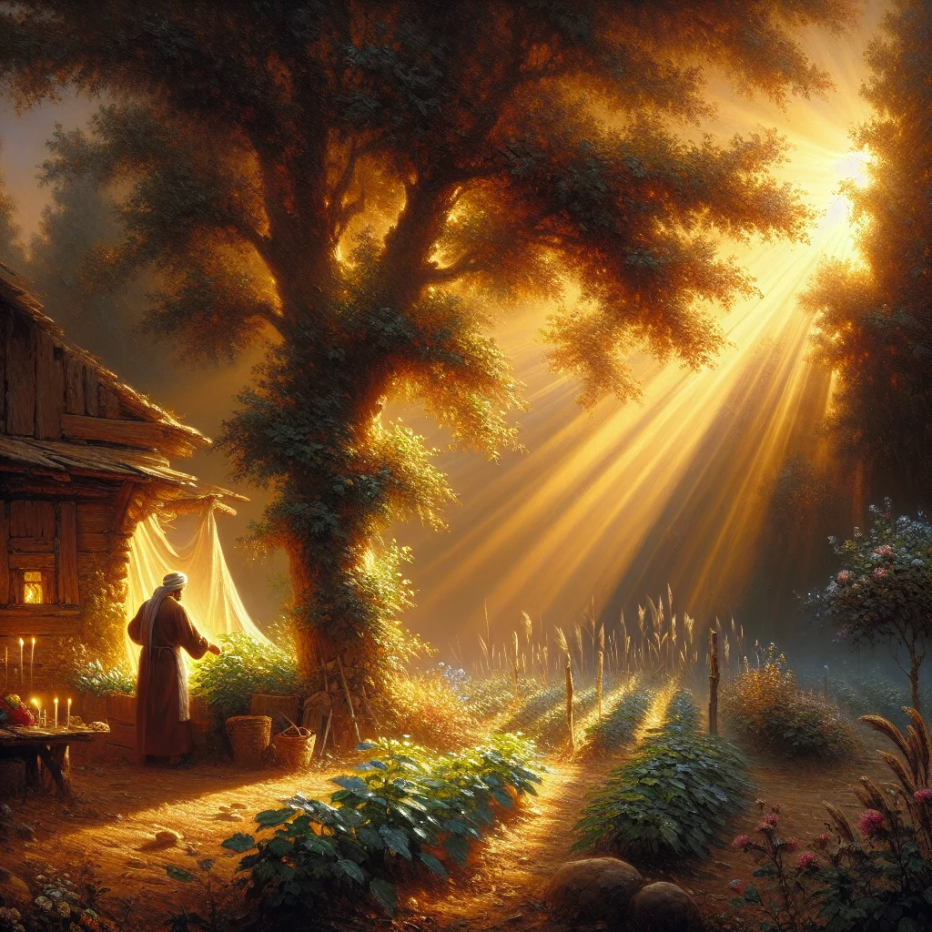 Serene outdoor scene showing elements of slow living documentary themes with garden and simple home