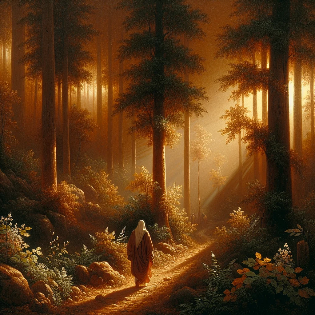 Person walking mindfully through a forest path, practicing the art of slow living in nature