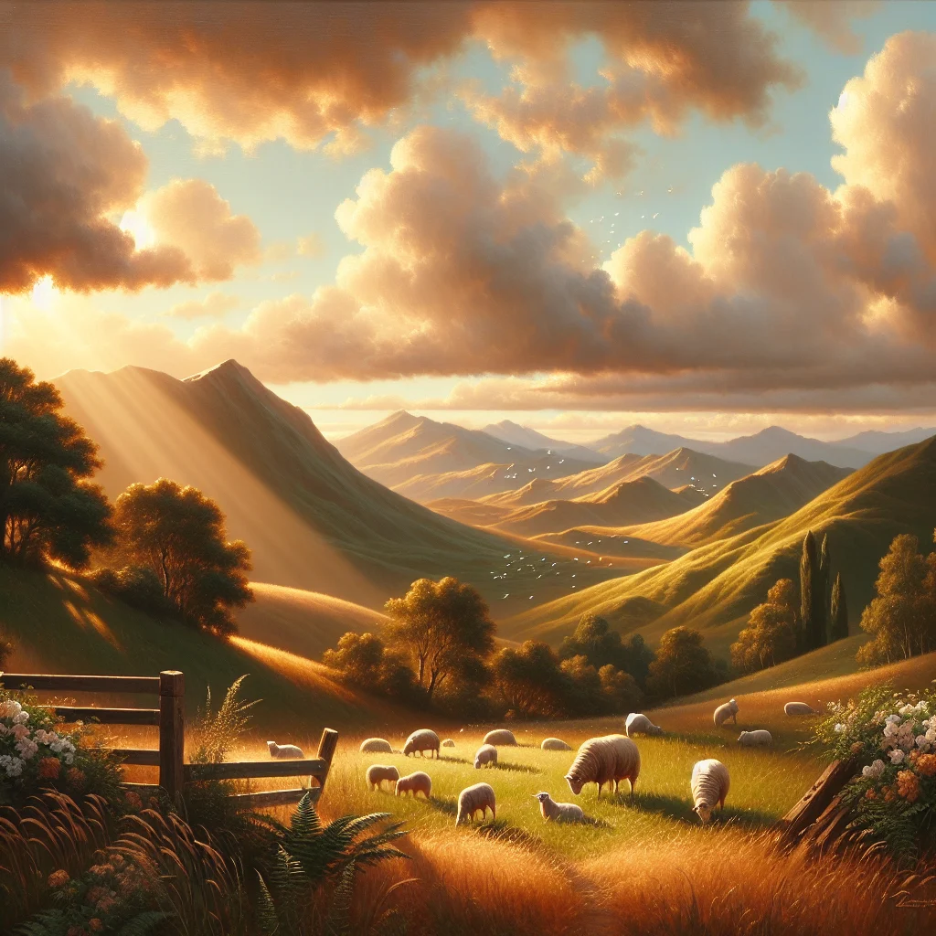 Peaceful New Zealand countryside with rolling green hills and slow living lifestyle