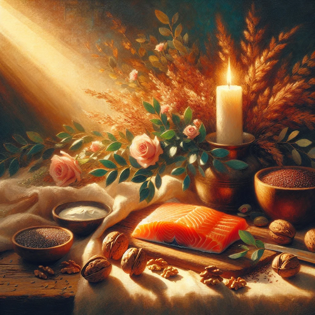 Omega-3 fish oil capsules arranged with fresh fish and nuts representing natural sources for emotional balance