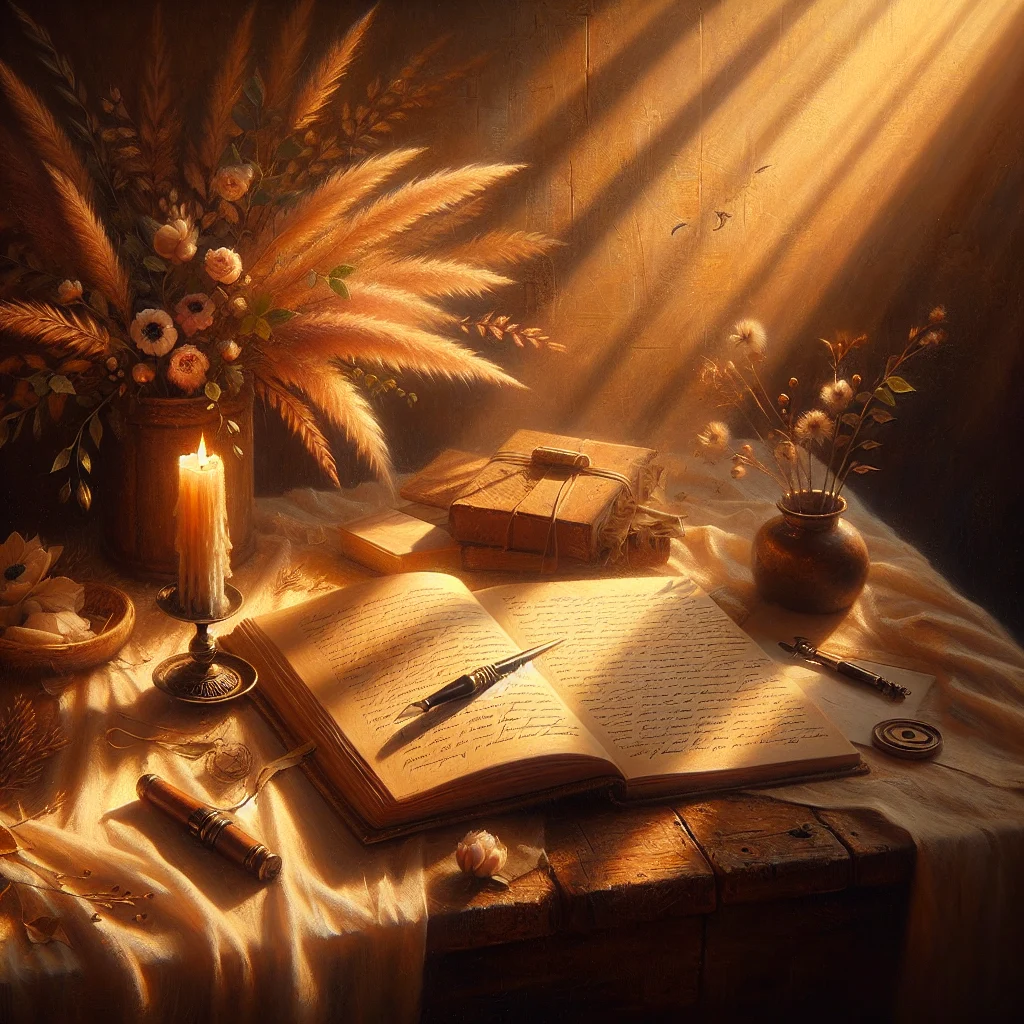 Open personal journal with a pen resting on pages filled with handwritten entries on a wooden surface