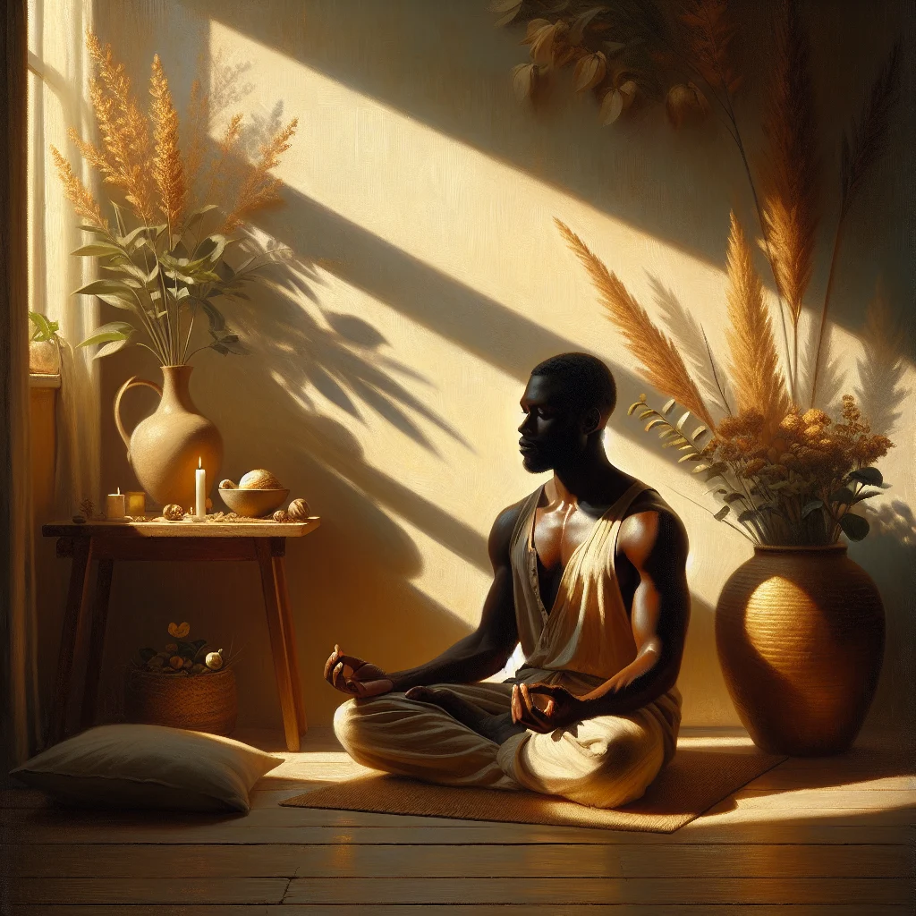 open-mindfulness-meditation-practice-indoor Meditator practicing open mindfulness in calm indoor setting with natural light