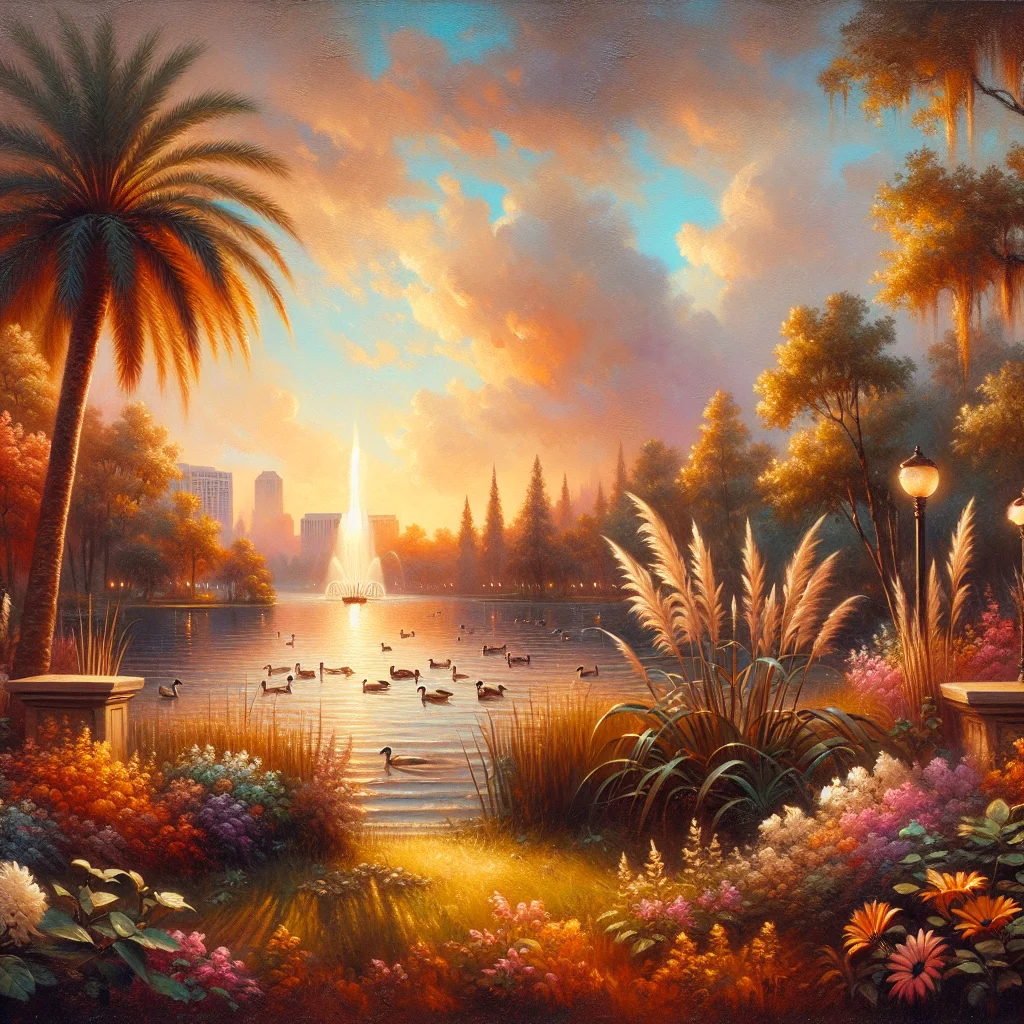 Tranquil sunset view over Lake Eola in Orlando showcasing slow living evening atmosphere