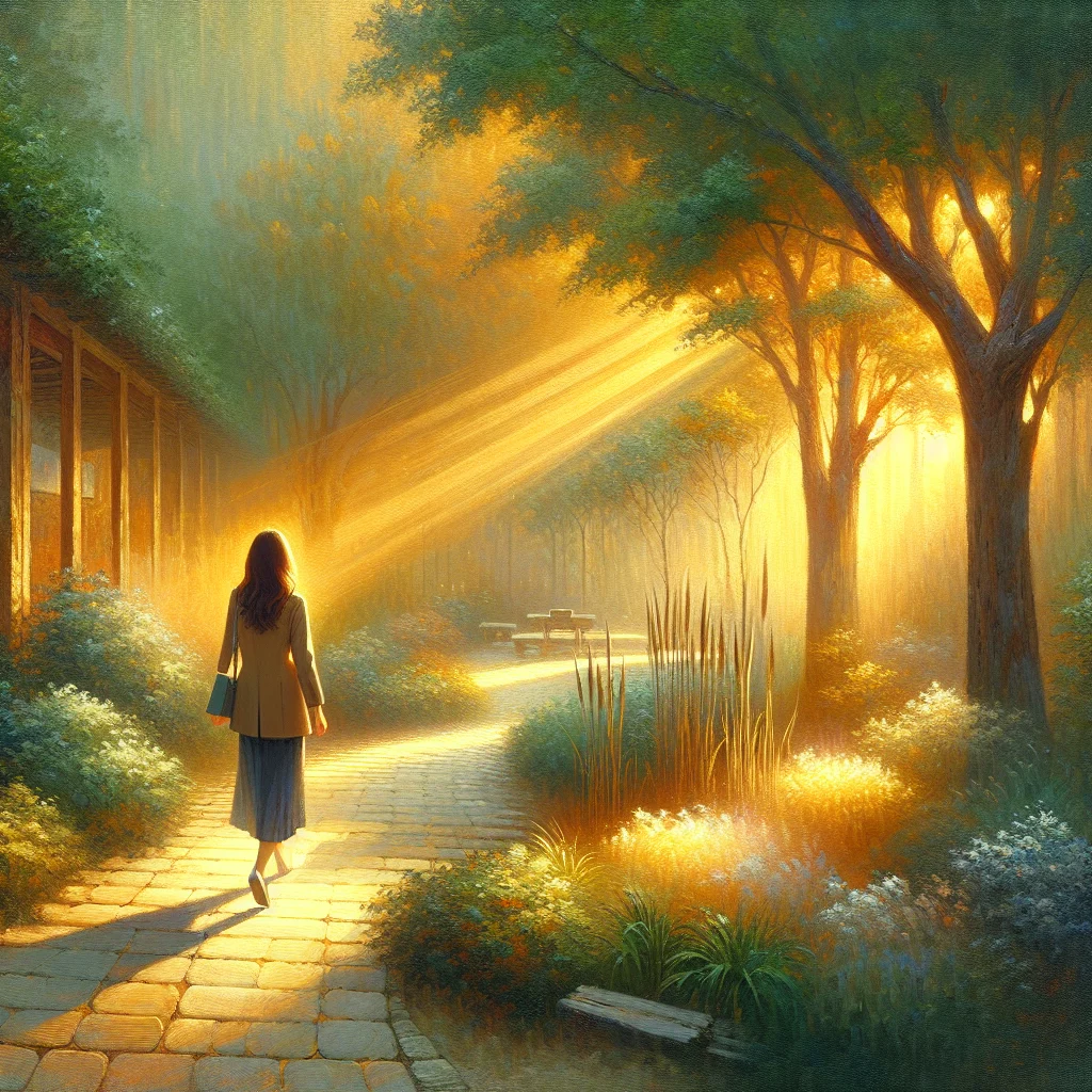 Person practicing mindful walking meditation outdoors during good day meditation session