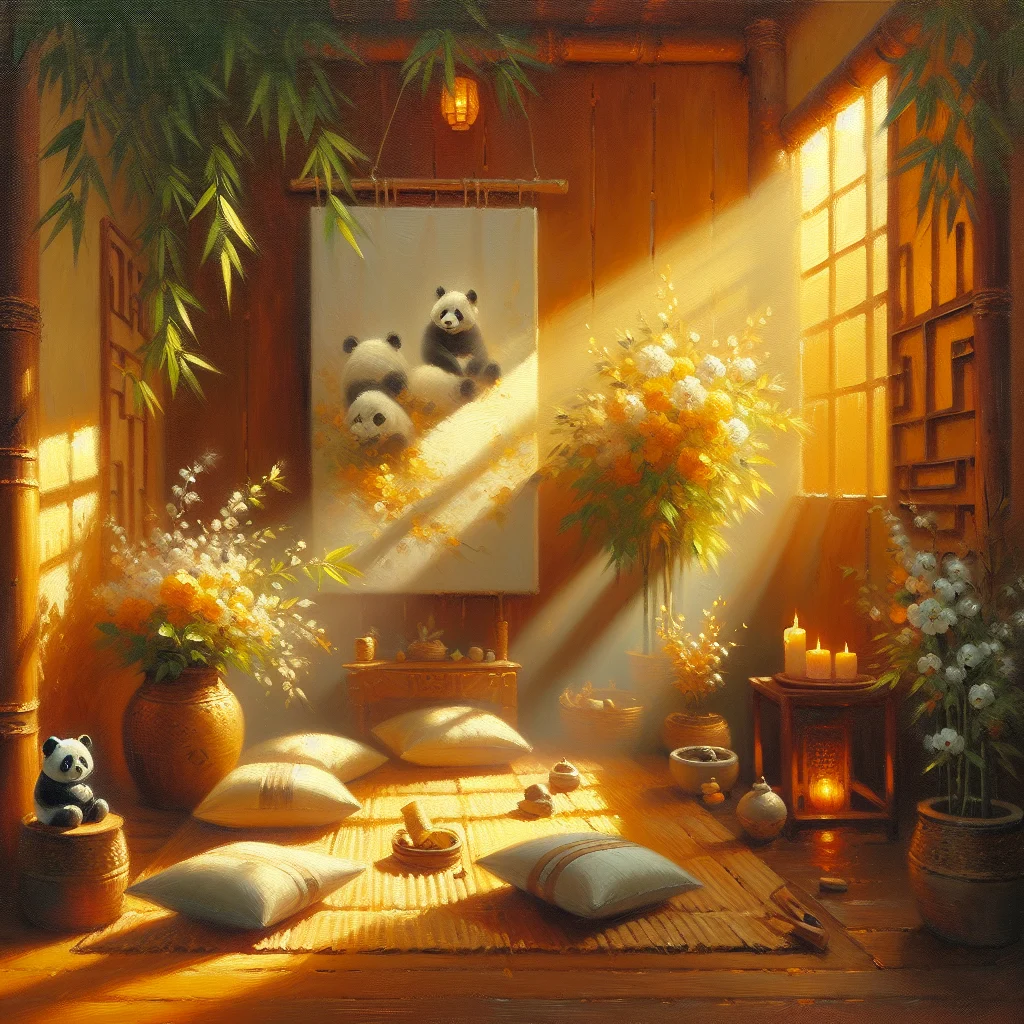 Serene healing space with panda decorations, bamboo plants, and meditation cushions for emotional wellness