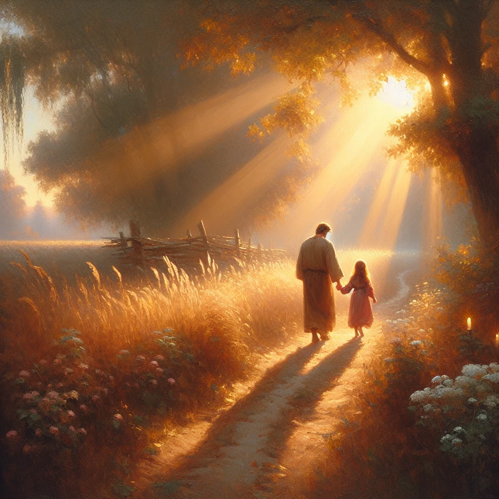 parent-child-nature-walk-together Parent and child walking slowly together through a peaceful natural setting, practicing slow living parenting principles