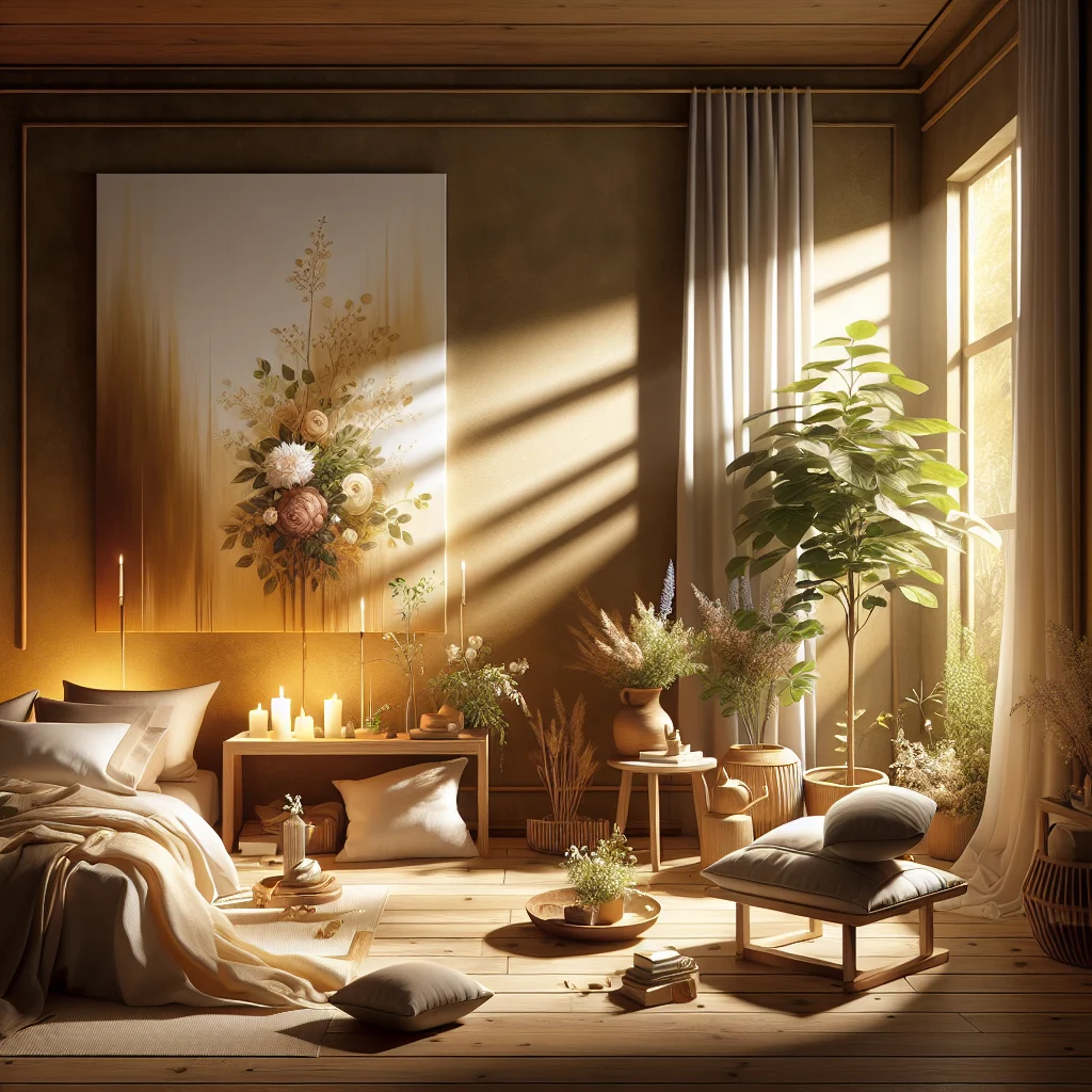 Calming bedroom environment prepared for mindfulness night meditation with soft lighting and comfortable meditation space