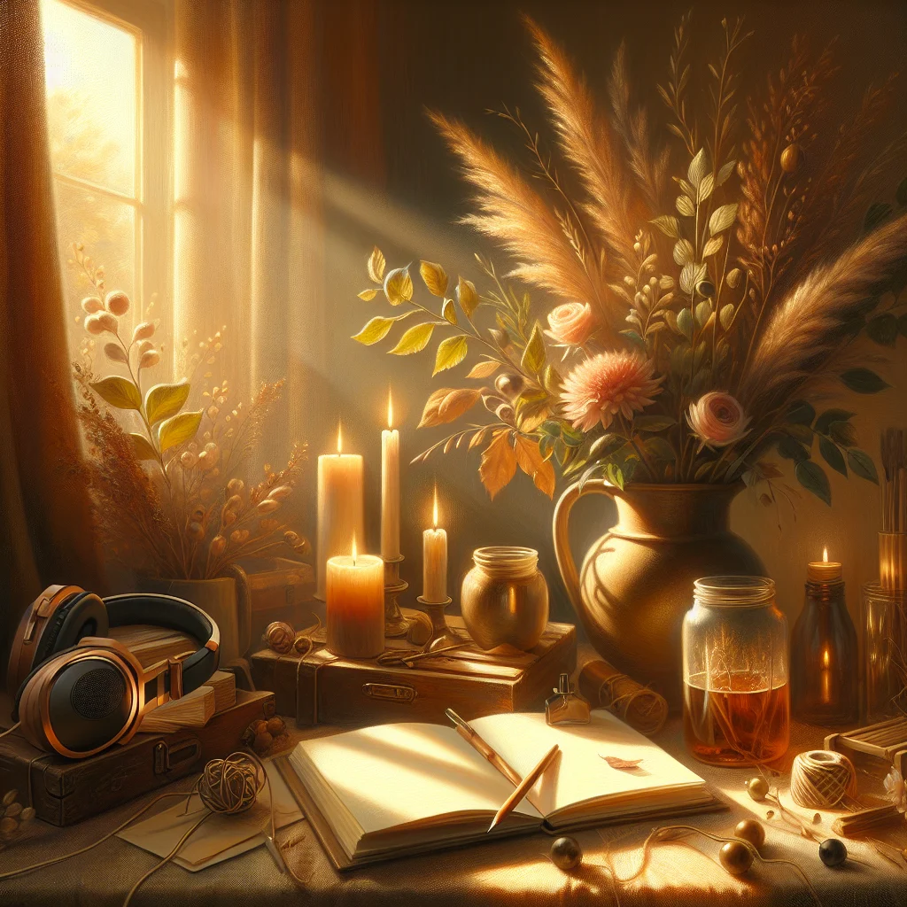 Cozy space with headphones and journal ready for listening to burnout recovery podcast