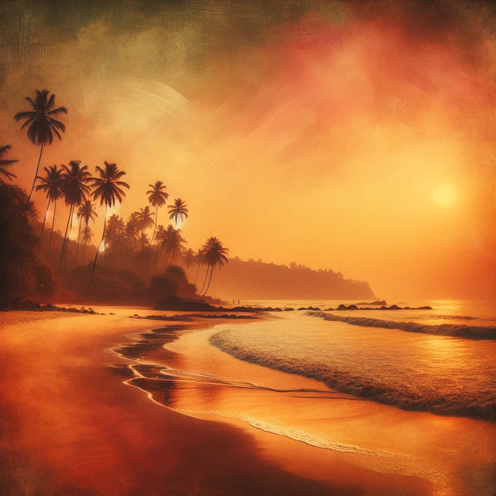 peaceful-goa-beach-sunset A serene beach in Goa during sunset with palm trees and calm waves, perfect for slow living lifestyle