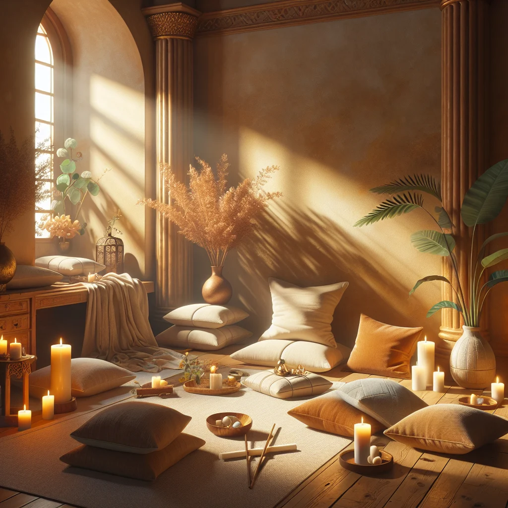 Serene meditation space with cushions and soft lighting for guided meditation for healing pain practice