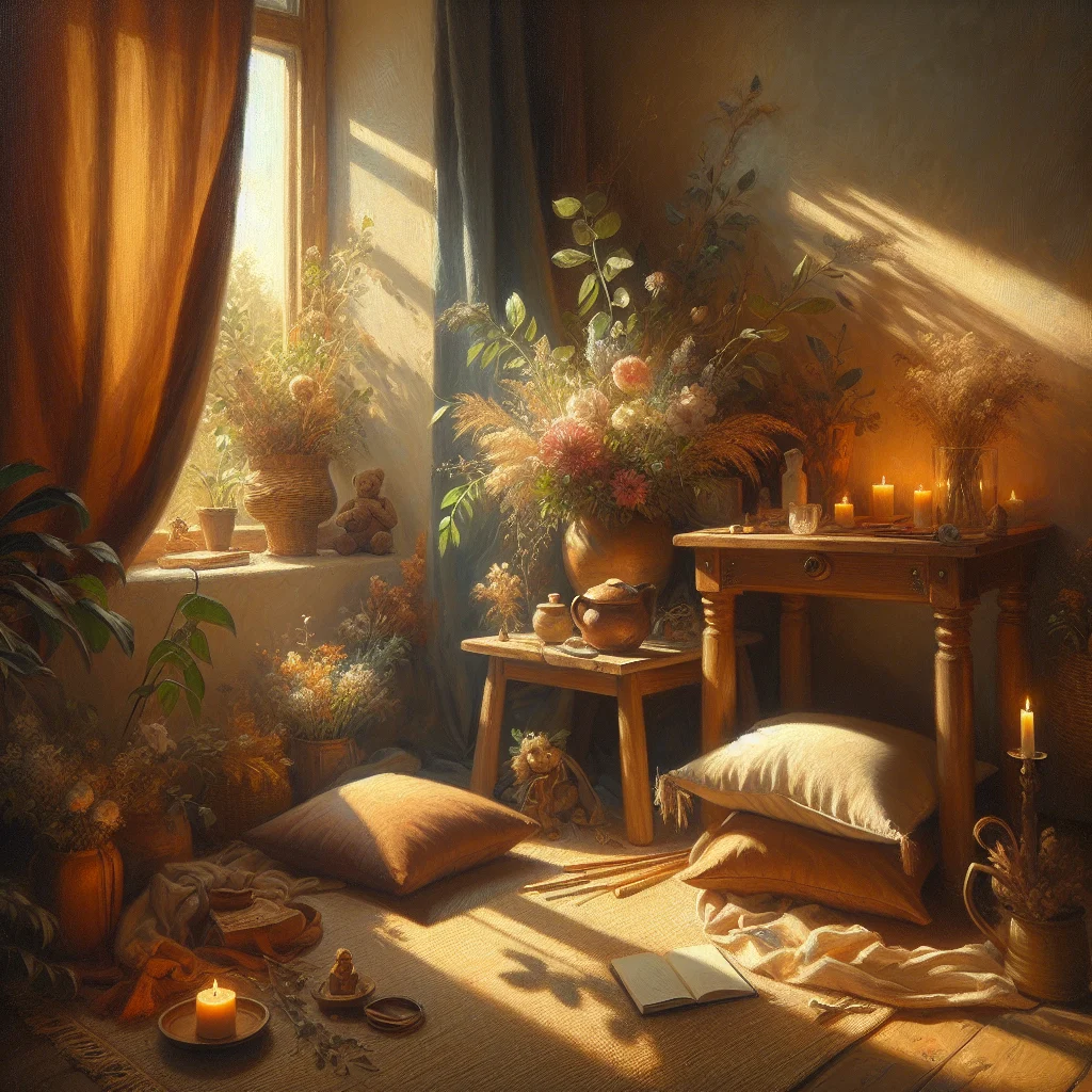 Serene home meditation corner with cushion, candles, and laptop ready for online guided meditation classes