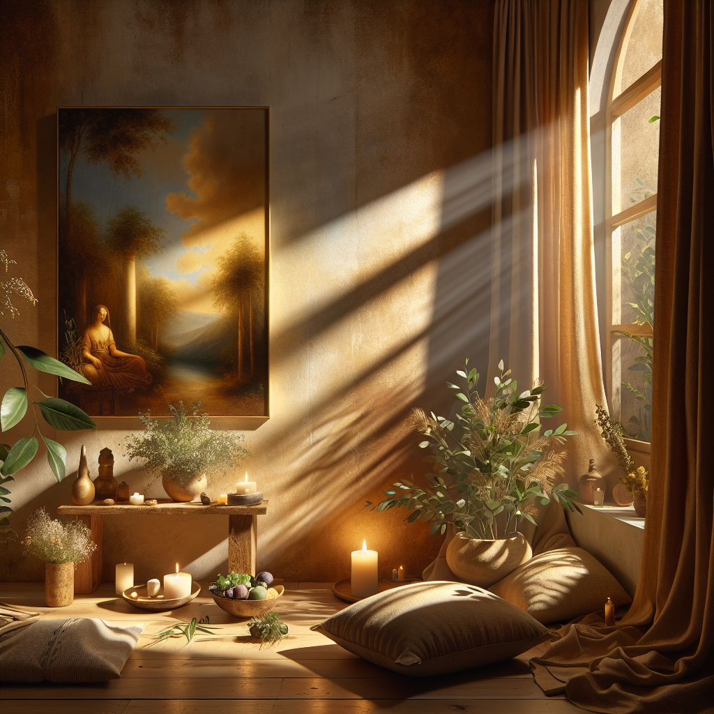 peaceful-home-meditation-space Comfortable meditation space at home with cushions, candles, and natural light creating a peaceful atmosphere for meditation classes