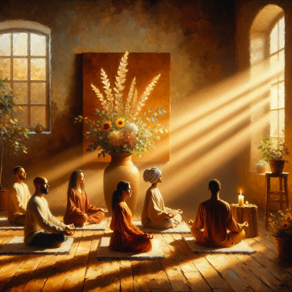 Group of diverse people practicing meditation in a serene studio with natural lighting