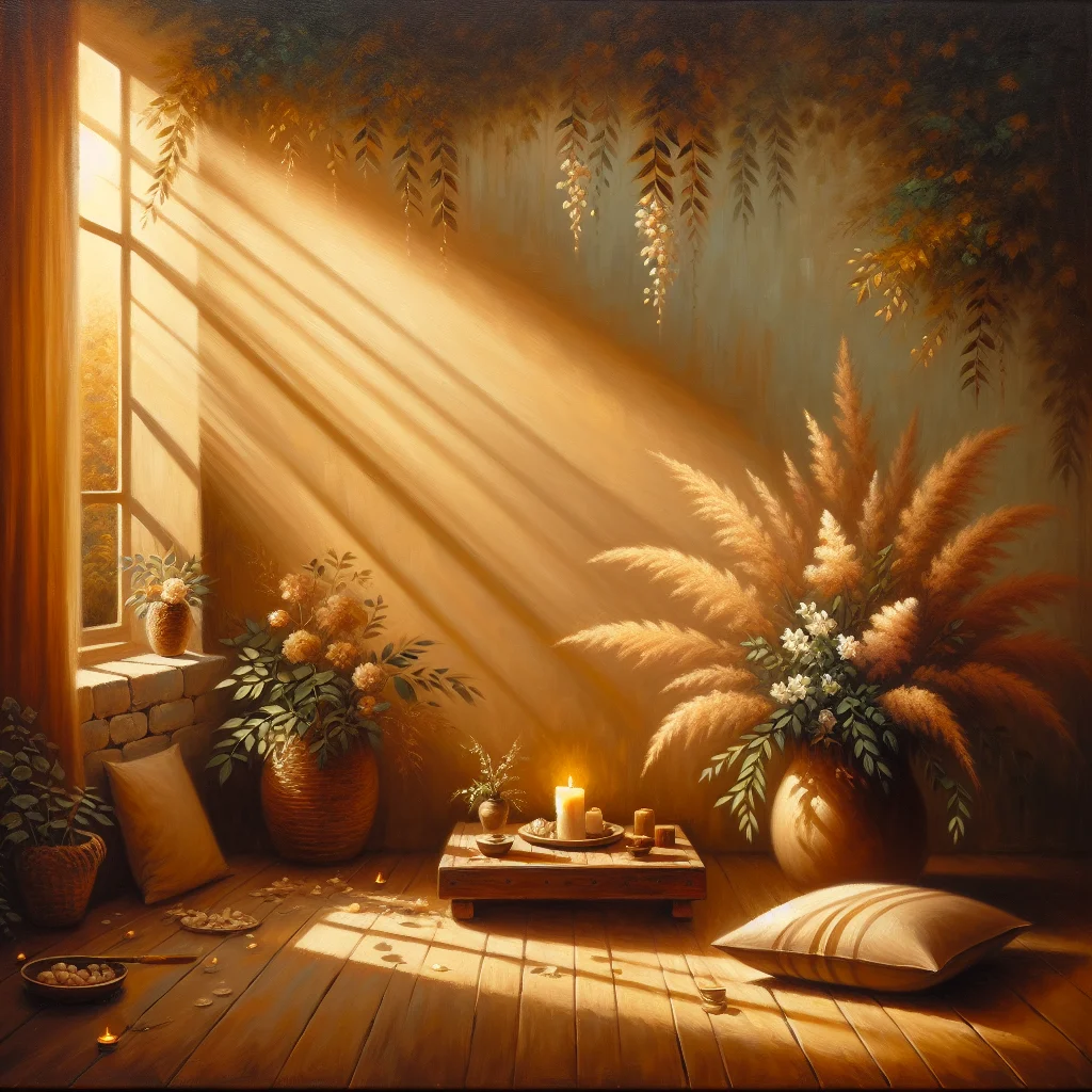 peaceful-meditation-corner-cushion-candle Cozy meditation space with cushion and natural light for 10min meditation practice