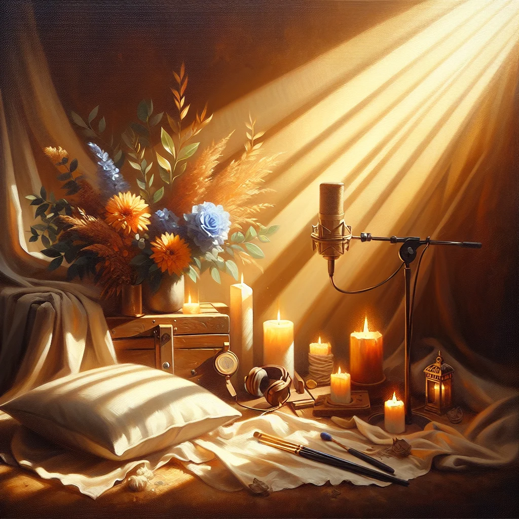 Microphone and meditation cushion in a calm podcast recording space with soft lighting