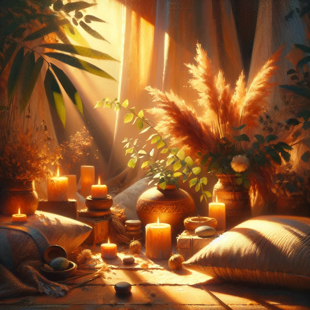 Serene meditation corner with candles, cushions, and soft lighting setup for guided meditation practice