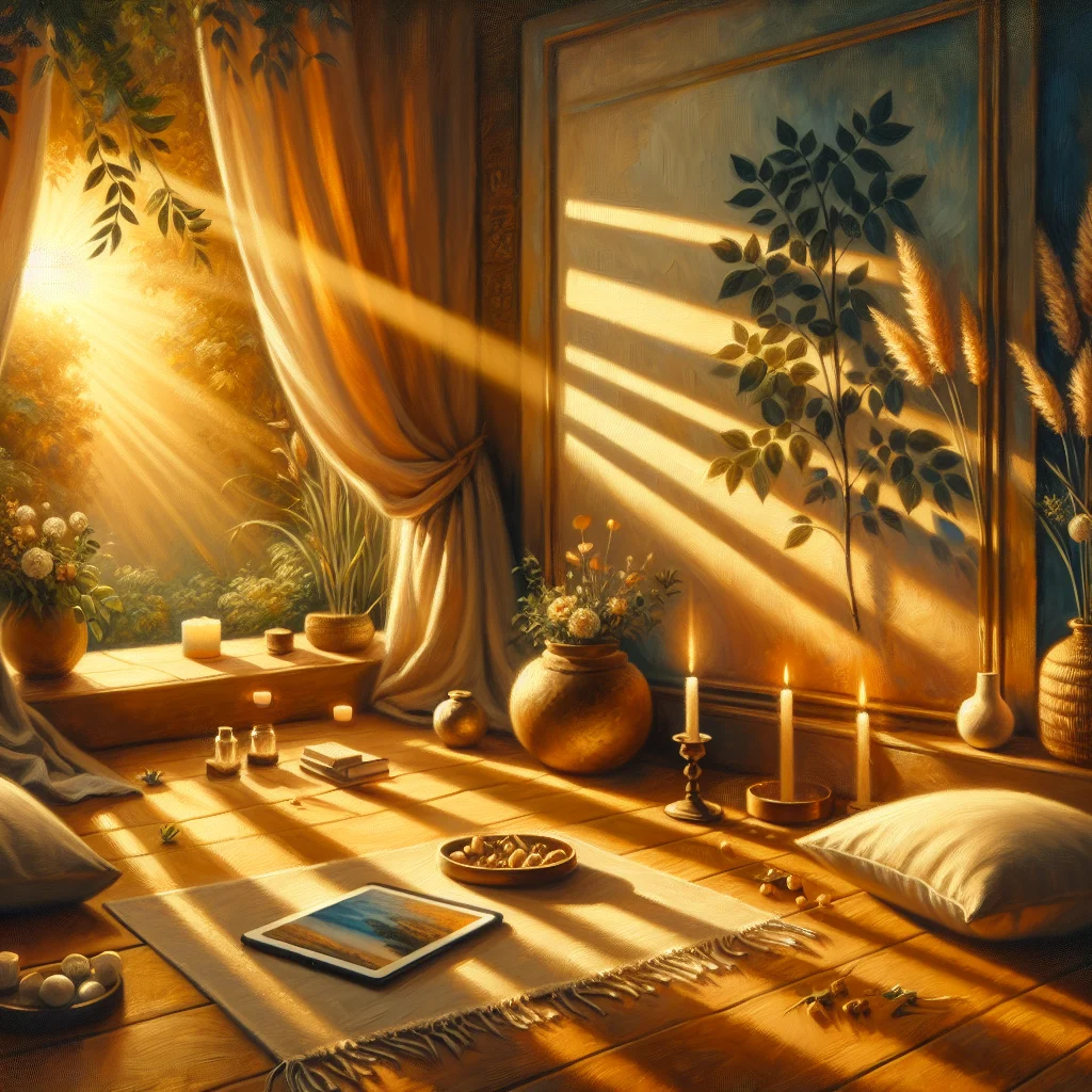 Cozy meditation corner setup with cushion, blanket, and device for YouTube beginners meditation