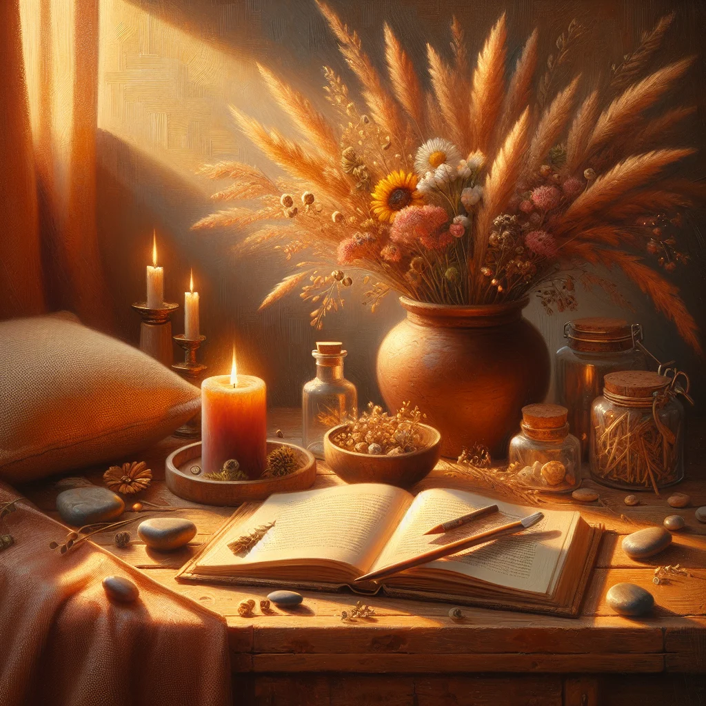 Serene mindfulness practice space with journal, candle, and natural elements for gratitude meditation