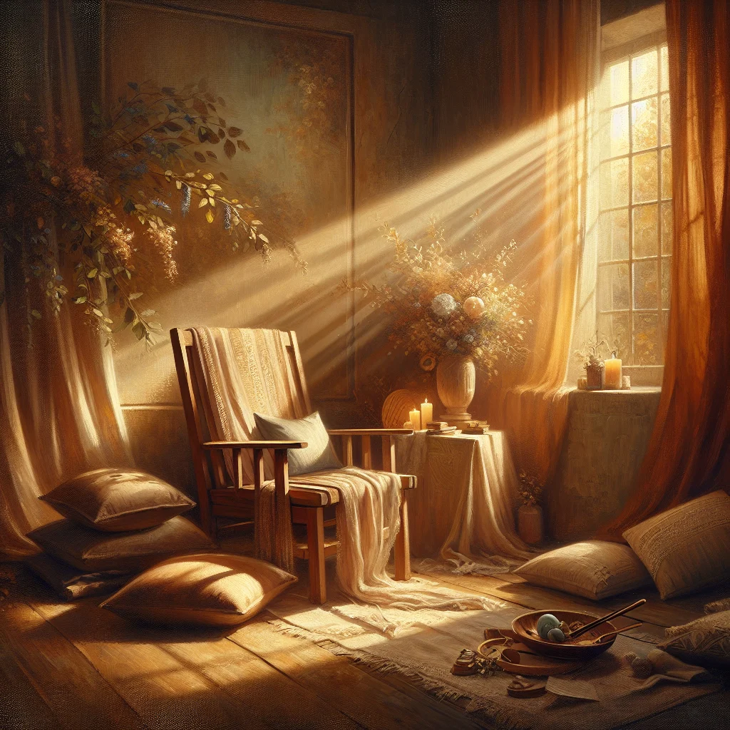 peaceful-meditation-space-with-headphones Calm meditation space setup with comfortable cushions and headphones ready for podcast calm listening session