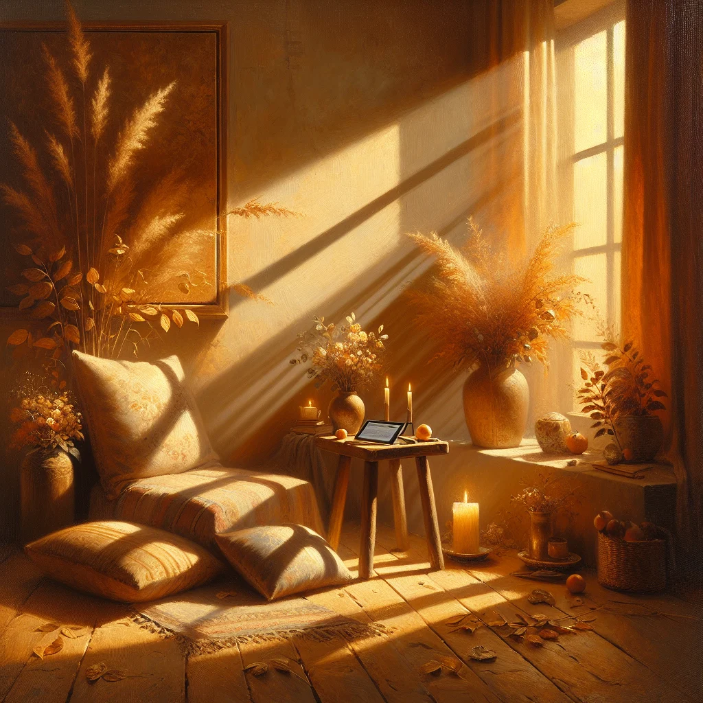 Calm meditation space featuring comfortable seating and audio equipment for listening to a podcast about meditation