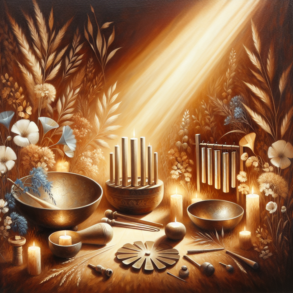 peaceful-meditation-space-with-sound-healing-instruments Tranquil meditation space featuring various sound healing instruments for anxiety relief practice