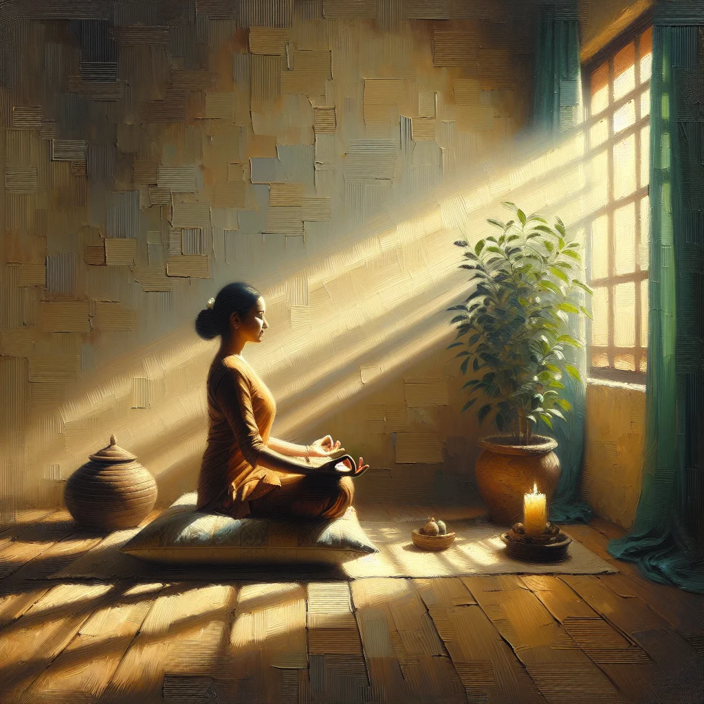 Person sitting in peaceful morning meditation with soft natural light creating a calm atmosphere