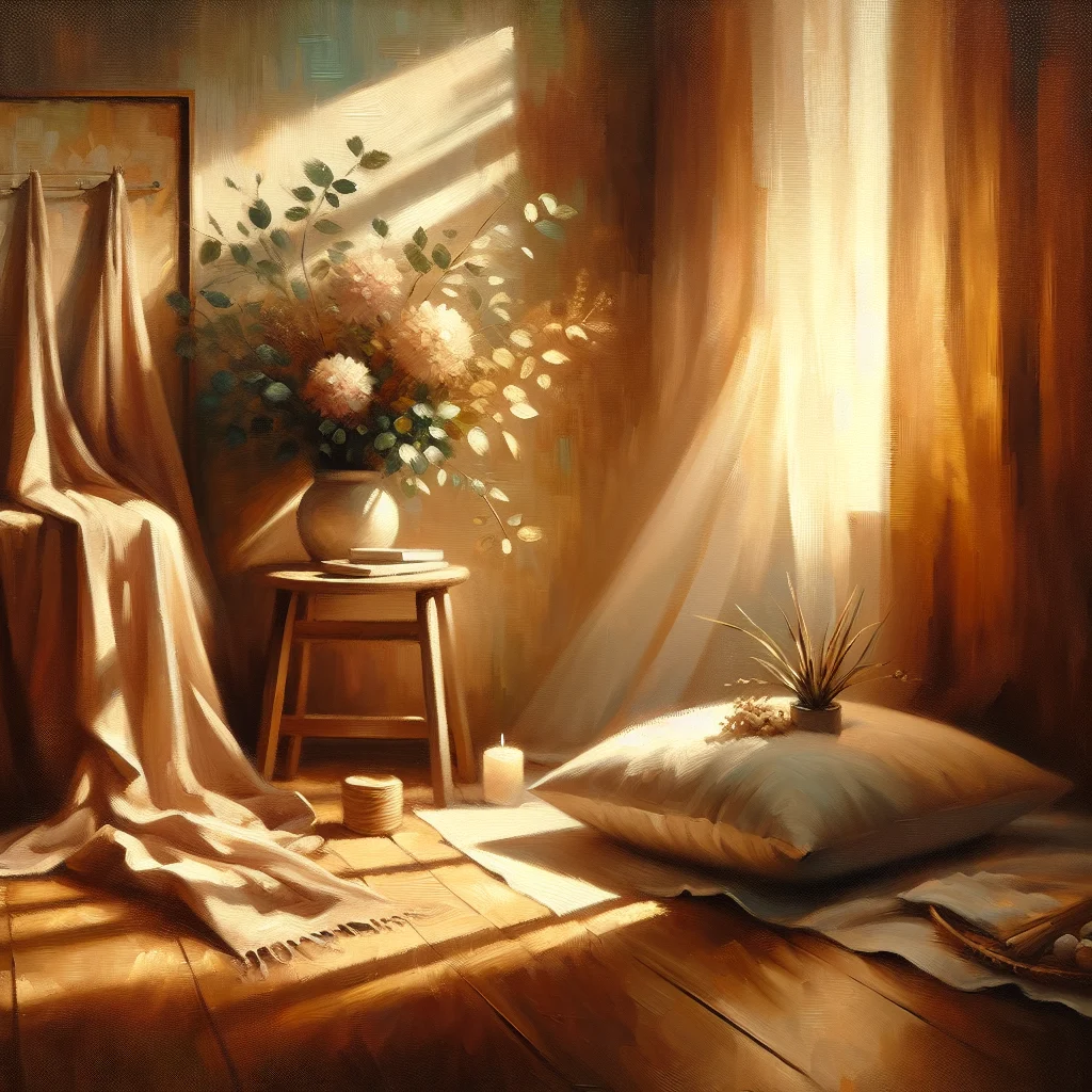 peaceful-morning-meditation-setup-with-cushion Serene morning meditation space with cushion and natural light for good morning guided meditation practice
