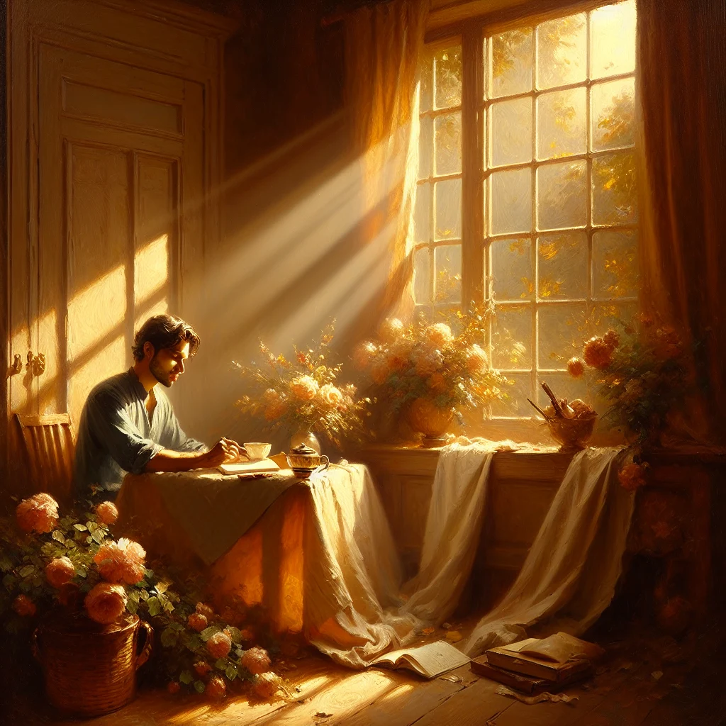 Woman enjoying a peaceful morning ritual with tea and journaling, embodying the art of slow living principles