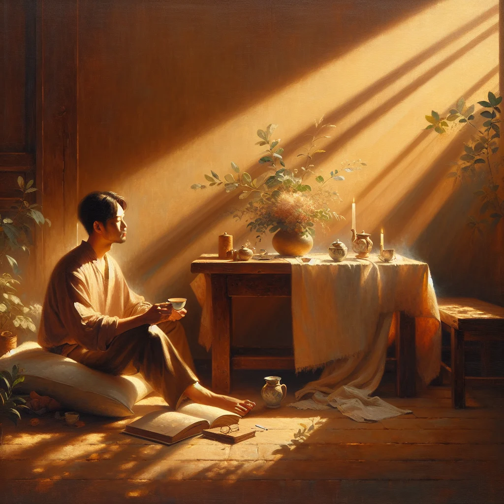 Person enjoying a peaceful morning routine with coffee and natural light, embodying slow living lifestyle