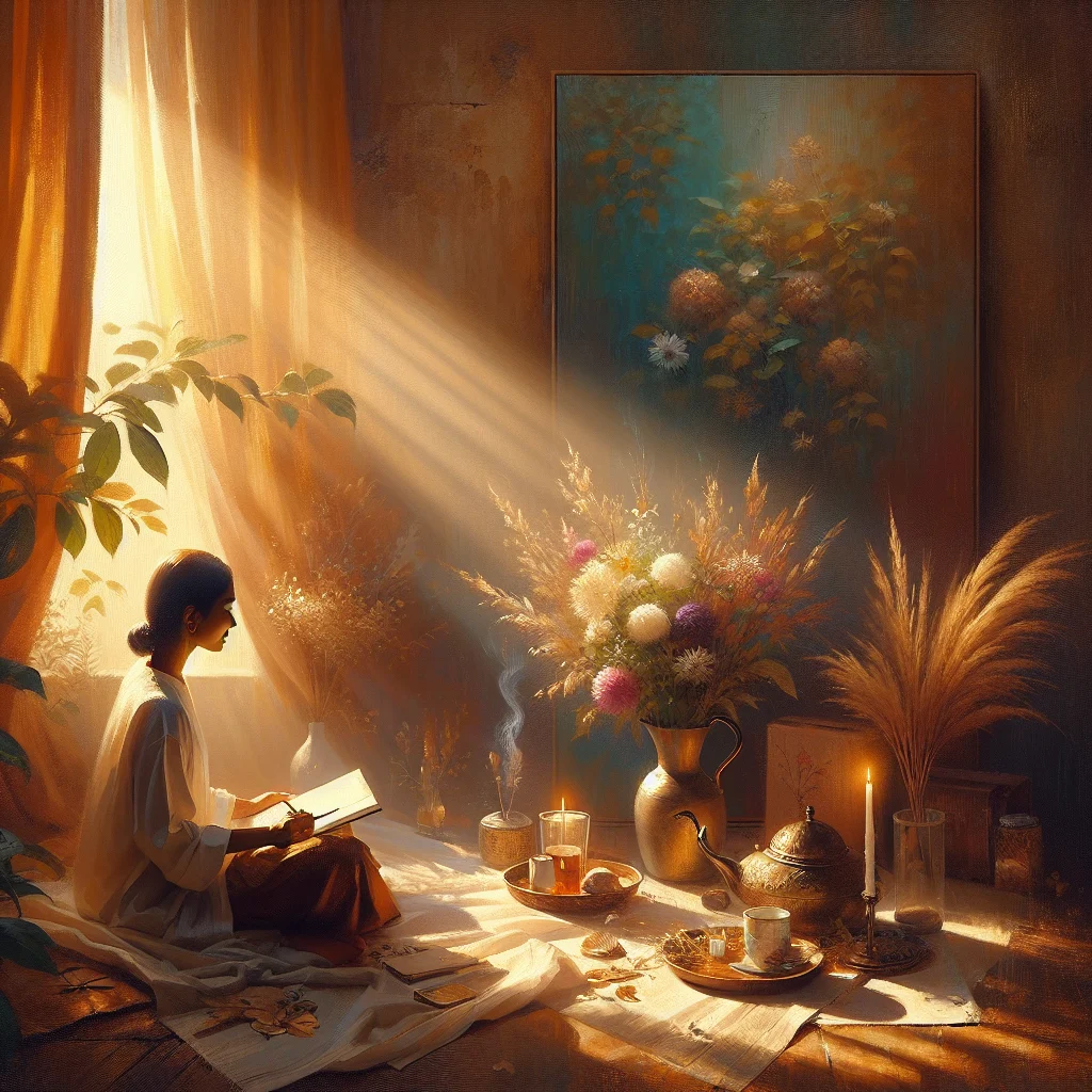 Calm morning scene with person engaging in self-care routine representing emotional healing progress