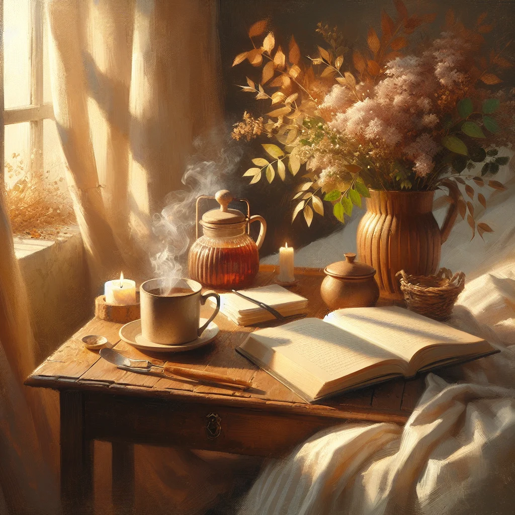 peaceful-morning-routine-without-phone Serene morning scene showing a digital detox journal, coffee cup, and window view without any electronic devices