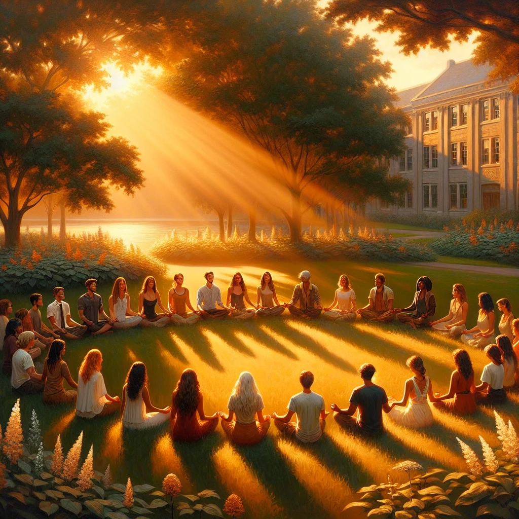 peaceful-student-meditating-outdoors-campus University student practicing mindfulness meditation outdoors on campus with mindfulness resources nearby