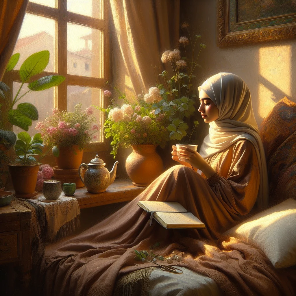 Person practicing misiyo slow living principles during a peaceful morning ritual with tea and journaling