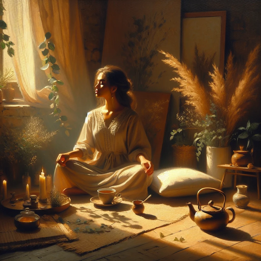 Person practicing slow living while enjoying a peaceful morning routine with tea and natural light