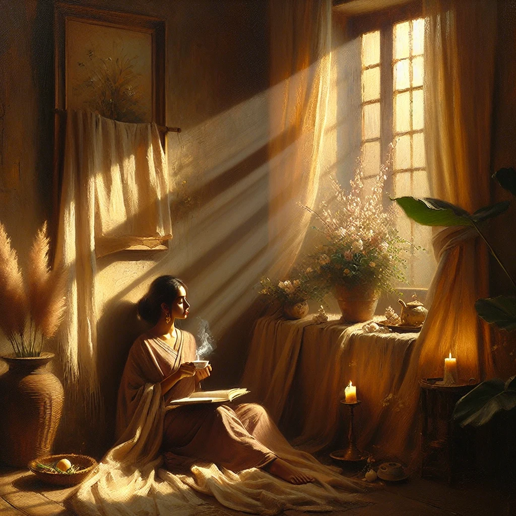 Person practicing slow living while enjoying a peaceful morning routine with tea and natural light