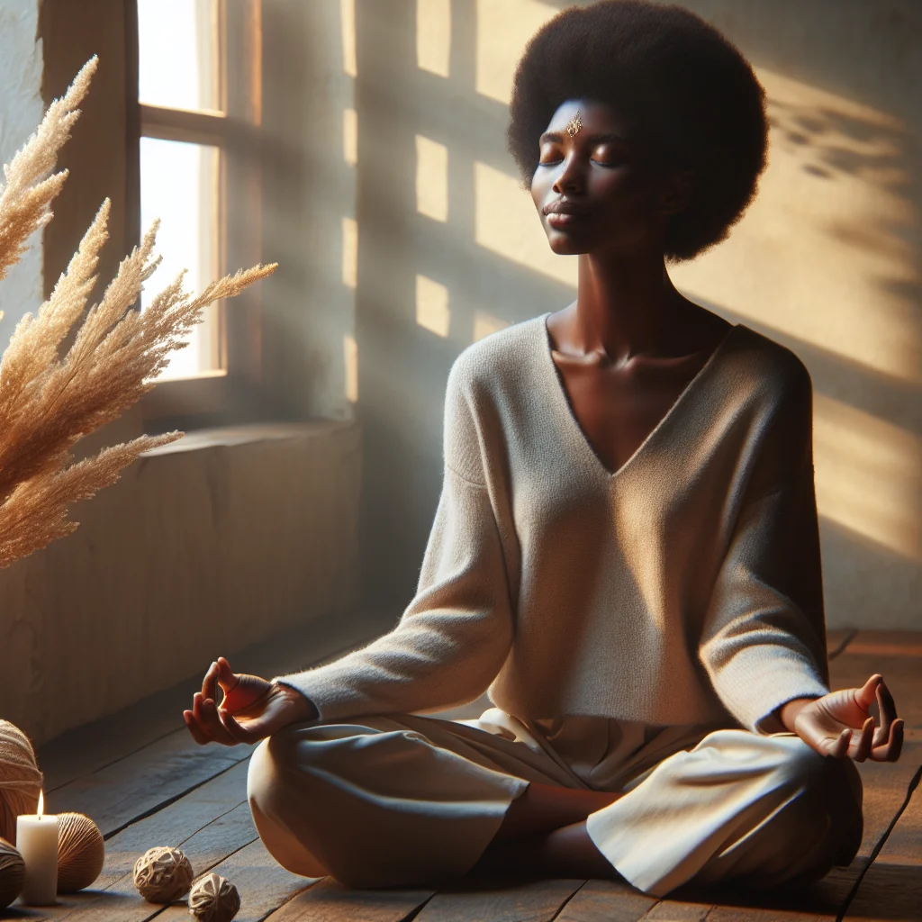 Person sitting in meditation posture experiencing peaceful meditation feeling with closed eyes