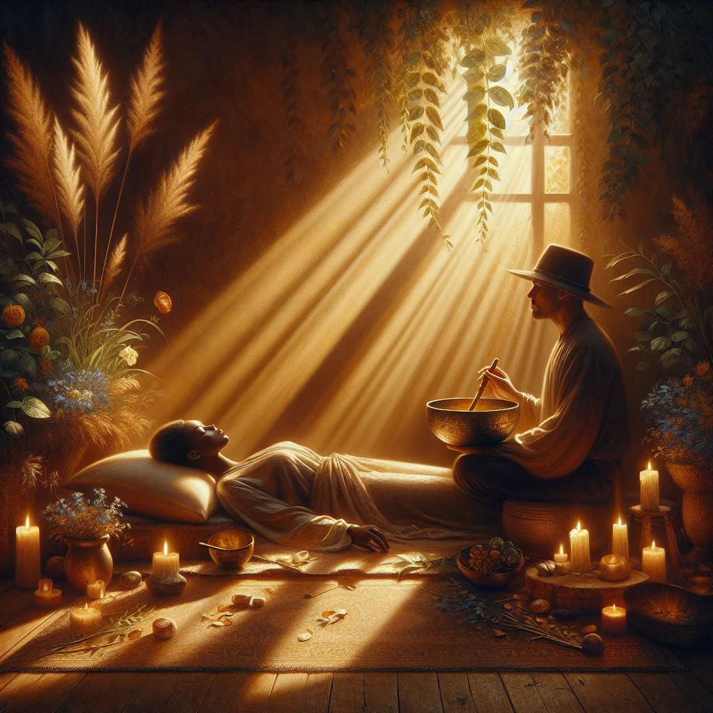 Sound healing Australia practitioner using crystal singing bowls during a therapeutic session with a person lying down receiving vibrational treatment