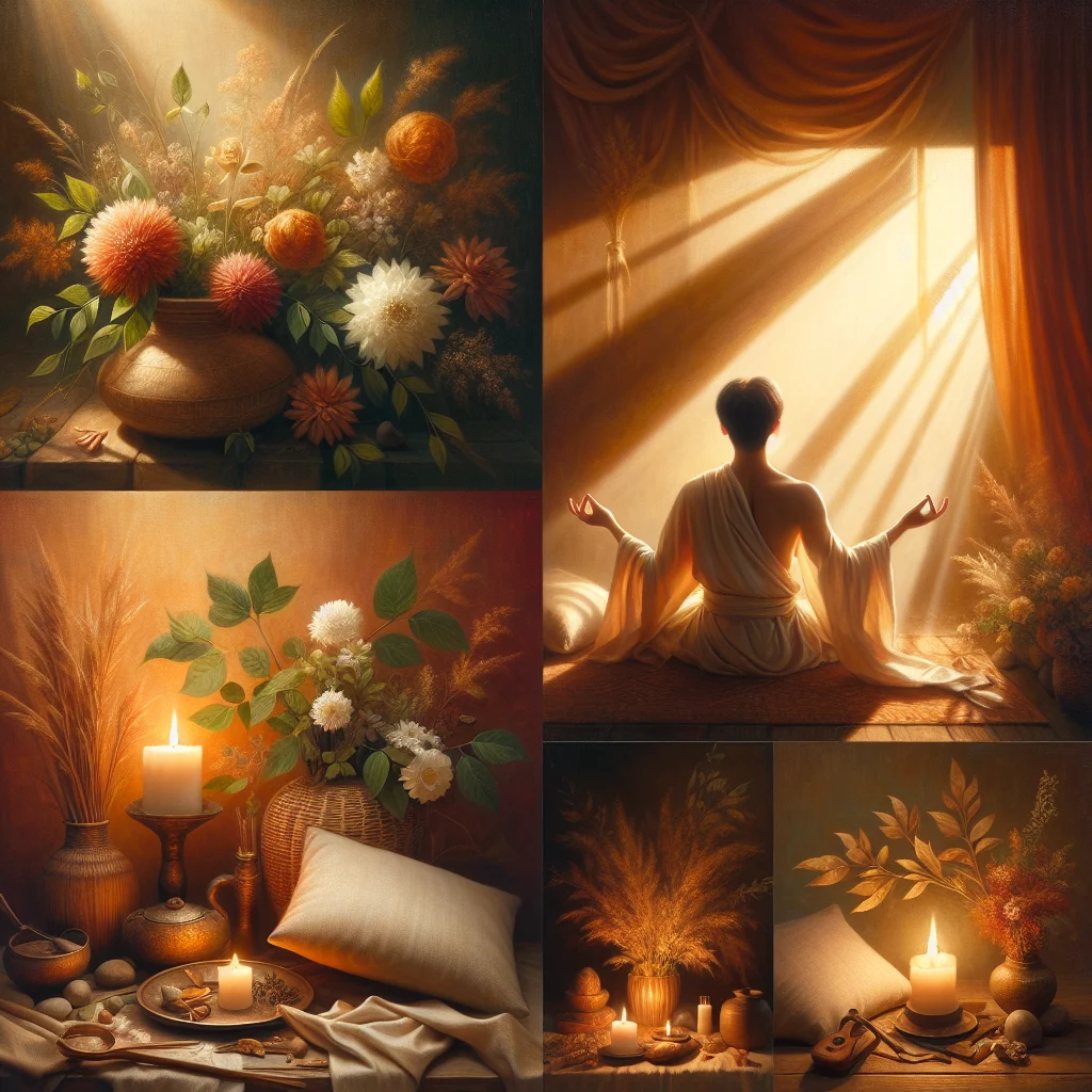 Person exploring various meditation techniques including seated meditation, walking meditation, and guided visualization