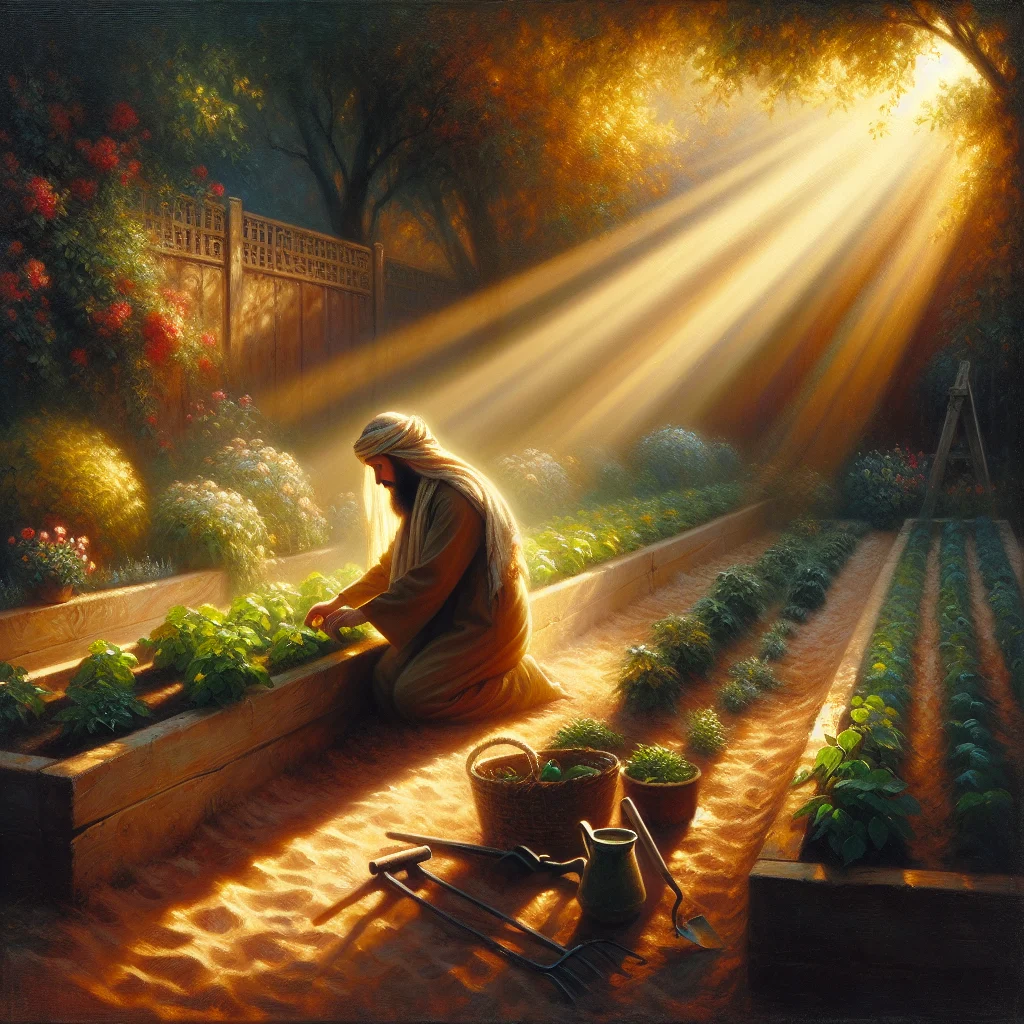 person-gardening-in-peaceful-backyard-setting Person practicing slow living through mindful gardening in a tranquil outdoor space