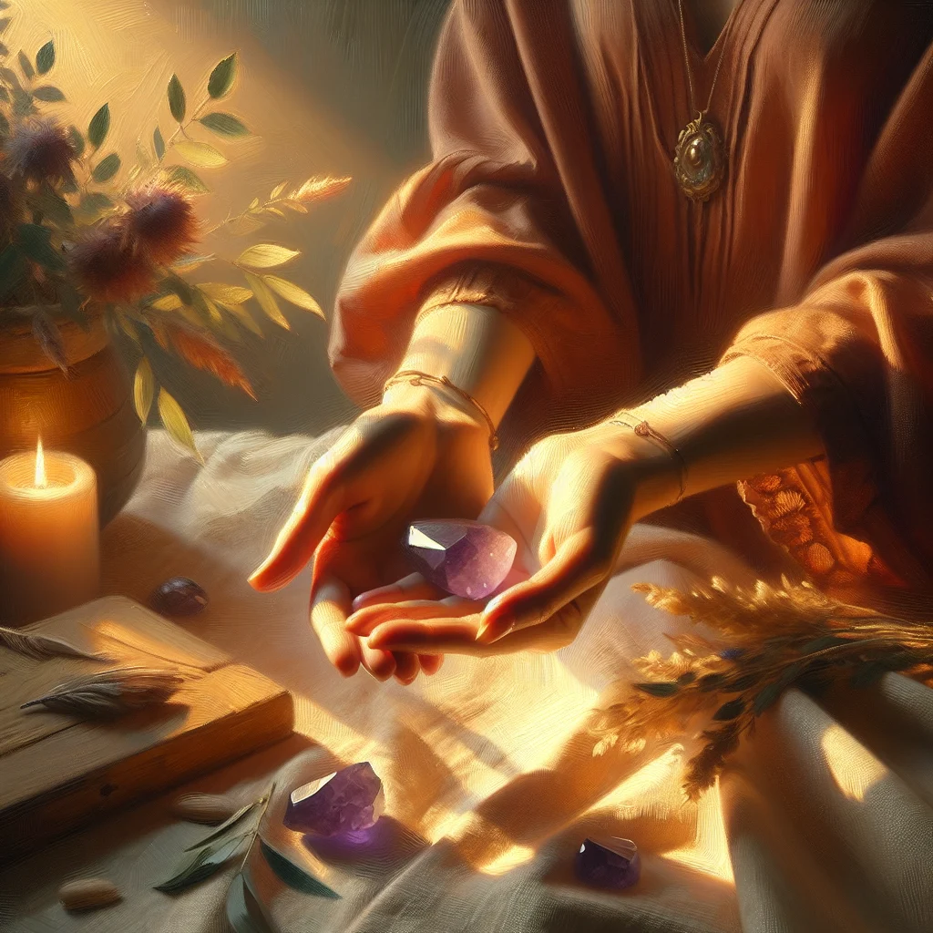 person-holding-calming-crystal Hand holding a smooth amethyst worry stone used for anxiety management during meditation practice