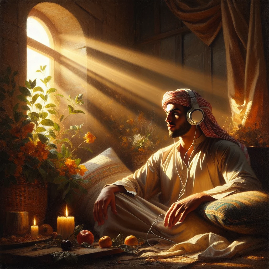 Person relaxing with headphones listening to a burnout recovery podcast in a calm environment