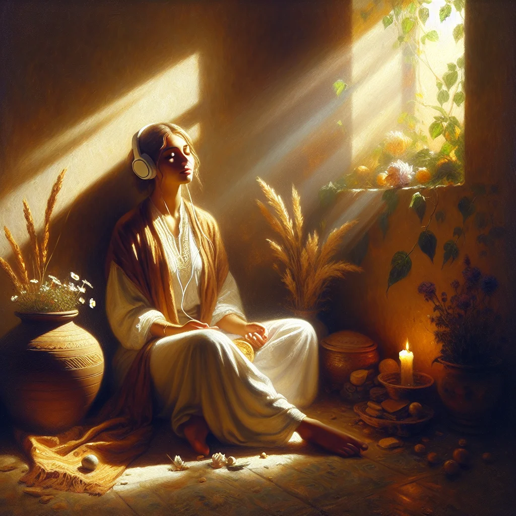 person-listening-to-healing-frequency-music Person wearing headphones while listening to hz music for healing in a peaceful environment