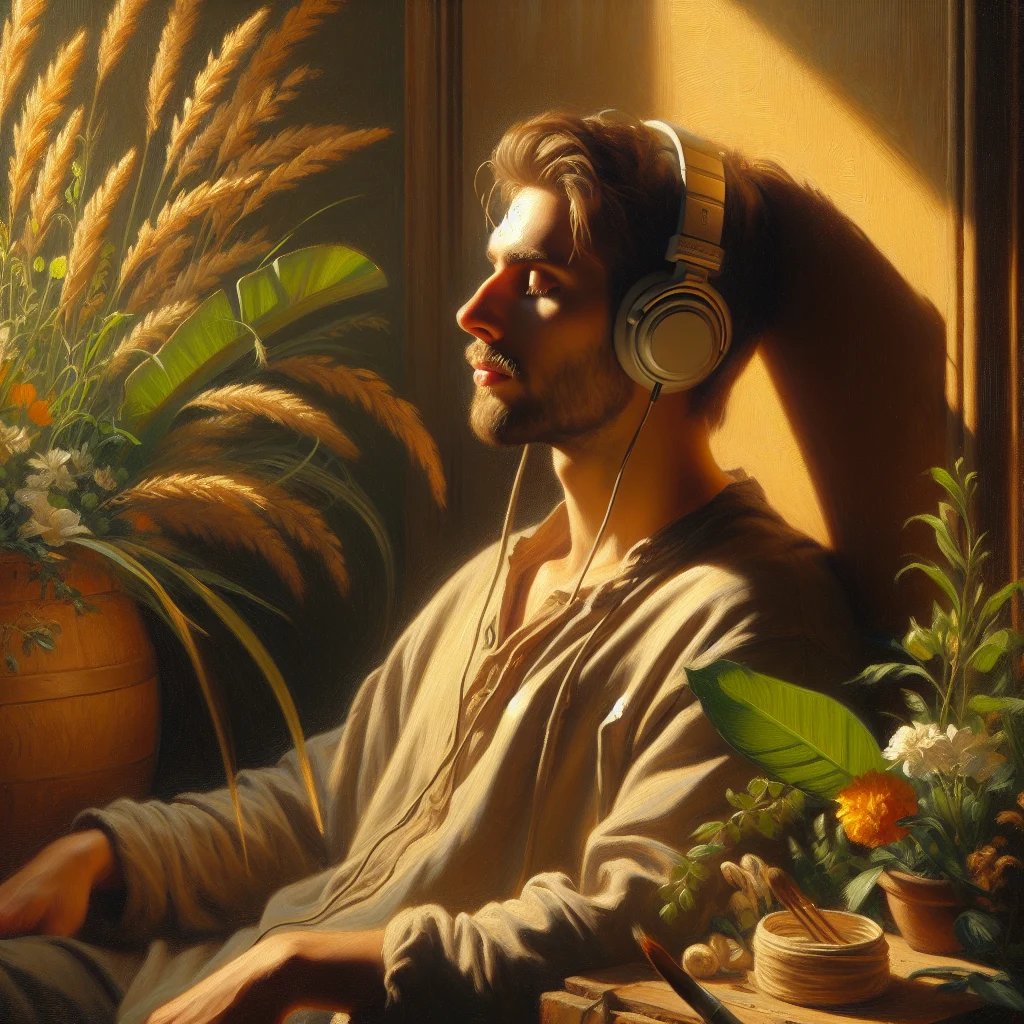 Person wearing headphones and meditating peacefully while listening to a podcast about meditation