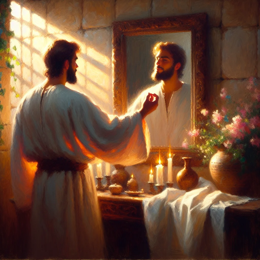 Person practicing self acceptance while looking in mirror with calm, peaceful expression