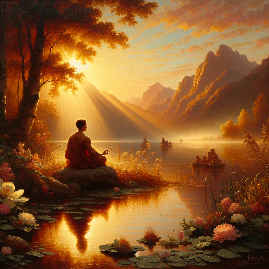 person-meditating-beside-calm-lake-at-sunrise Person embracing slow living fluir con la naturaleza through morning meditation beside a tranquil lake at sunrise