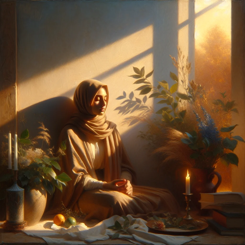 Person sitting in a peaceful office space practicing good day meditation during lunch break