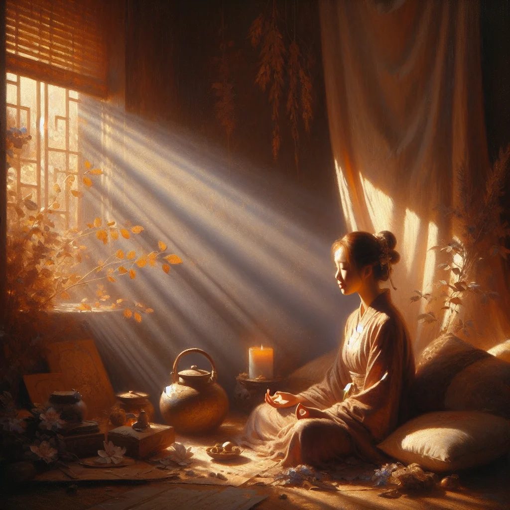 Person sitting peacefully in meditation position practicing guided meditation for healing pain